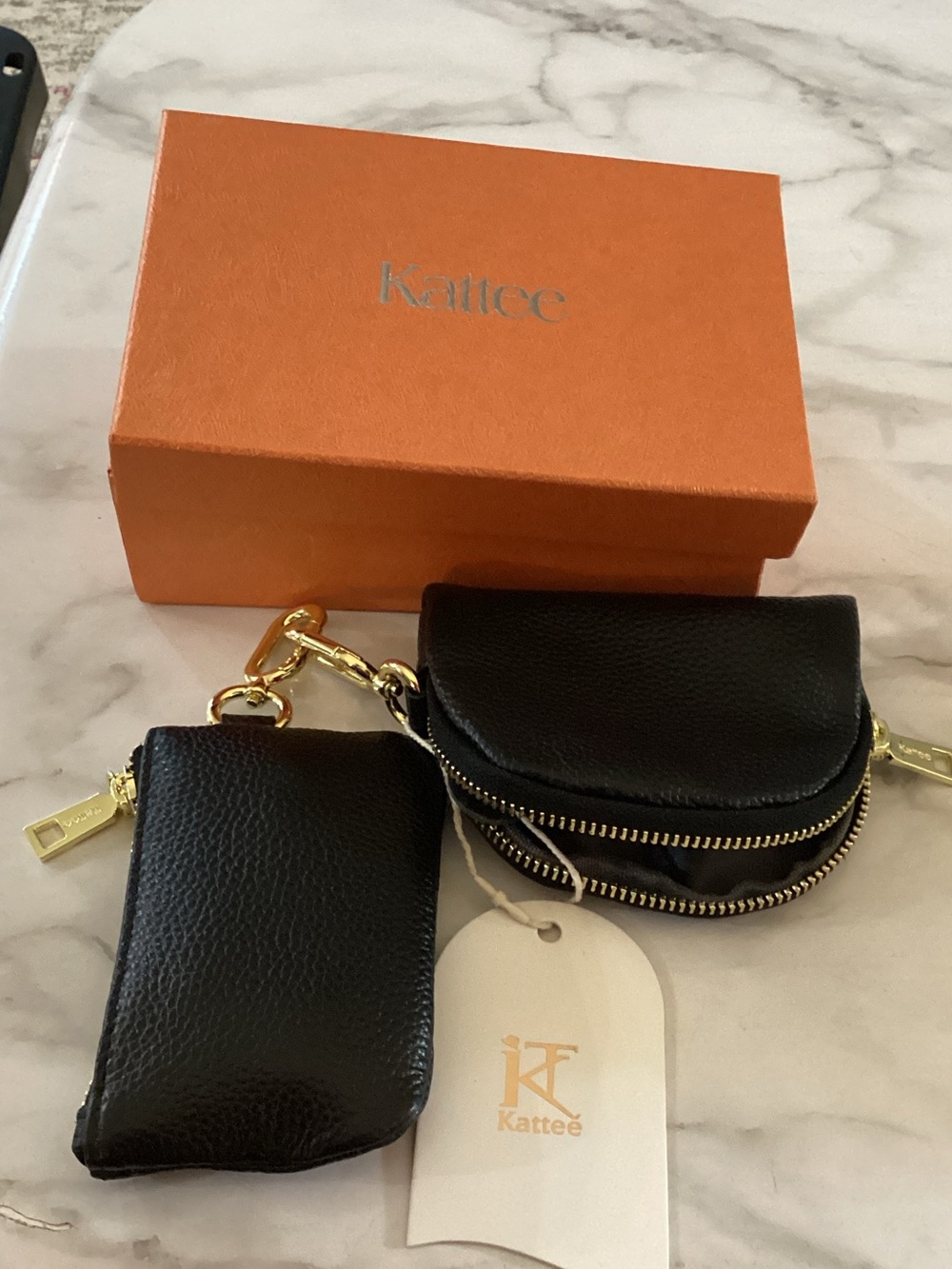 Kattee Black Leather Key & Coin Pouch Set with Gold Hardware